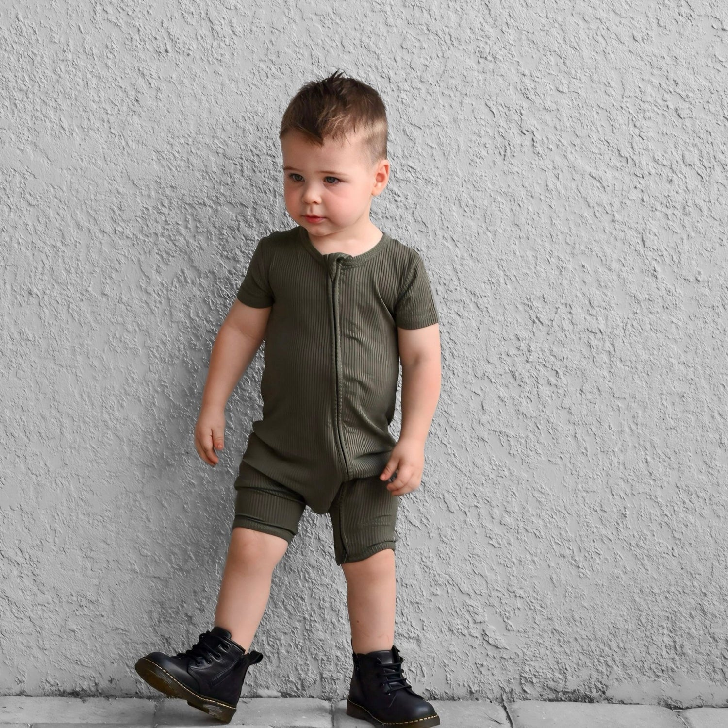 SHORTIE ZIP ROMPER - Moss Ribbed - Tenth &amp; Pine - shortie zip rompers - rib - 0/3m