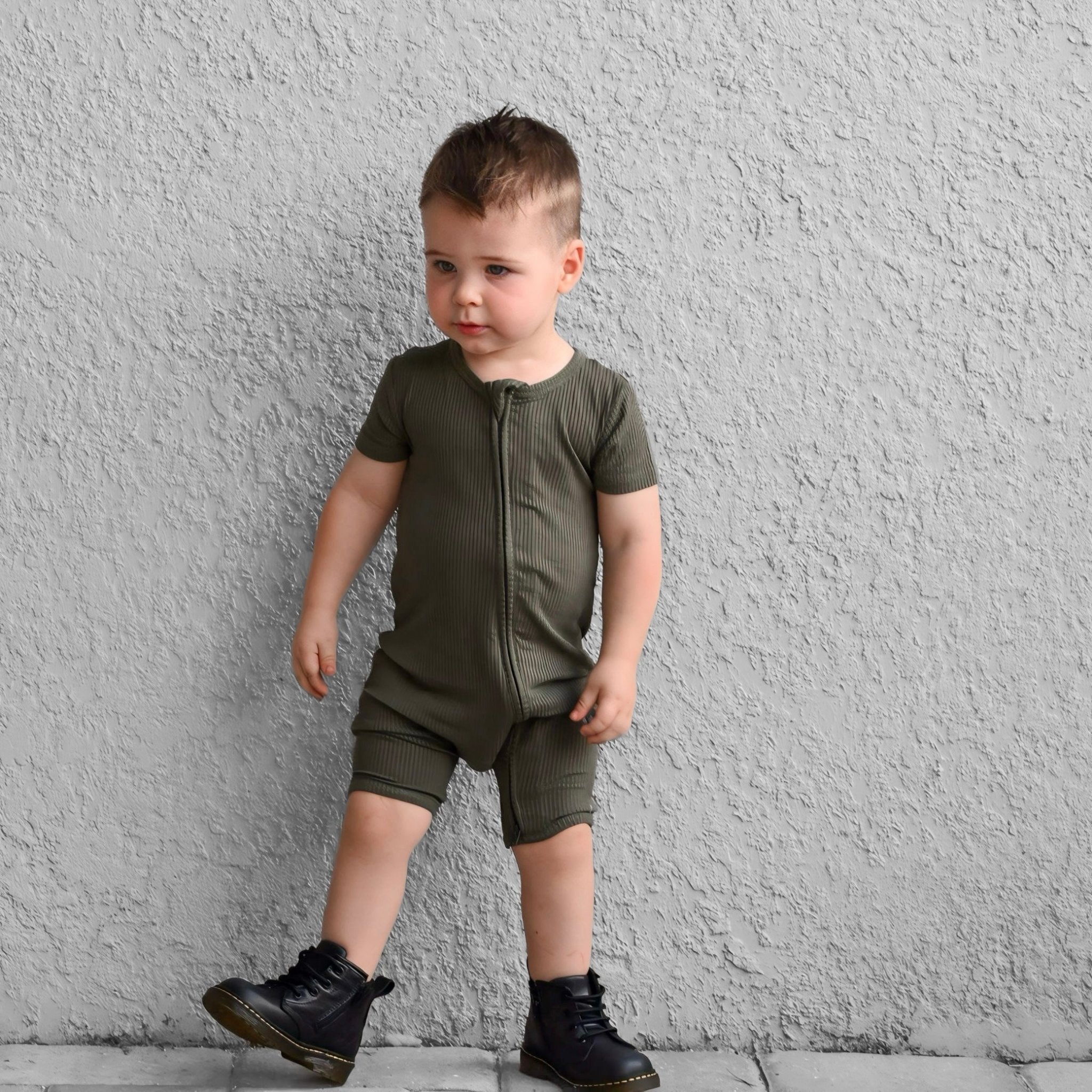 SHORTIE ZIP ROMPER - Moss Ribbed - Tenth &amp; Pine - shortie zip rompers - rib - 0/3m