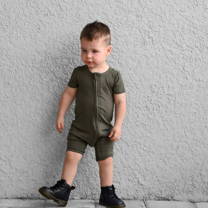 SHORTIE ZIP ROMPER - Moss Ribbed - Tenth &amp; Pine - shortie zip rompers - rib - 0/3m