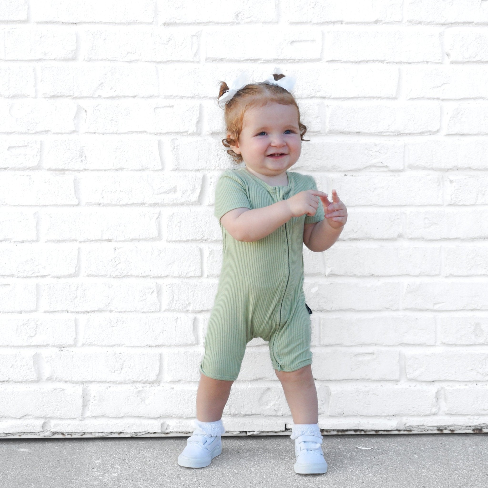 SHORTIE ZIP ROMPER - Pistachio Ribbed - Tenth &amp; Pine - shortie zip rompers - rib - 0/3m