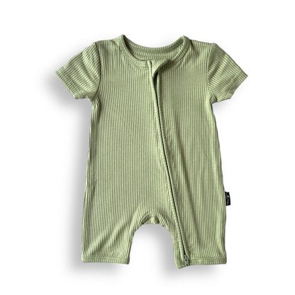 SHORTIE ZIP ROMPER - Pistachio Ribbed - Tenth &amp; Pine - shortie zip rompers - rib - 0/3m