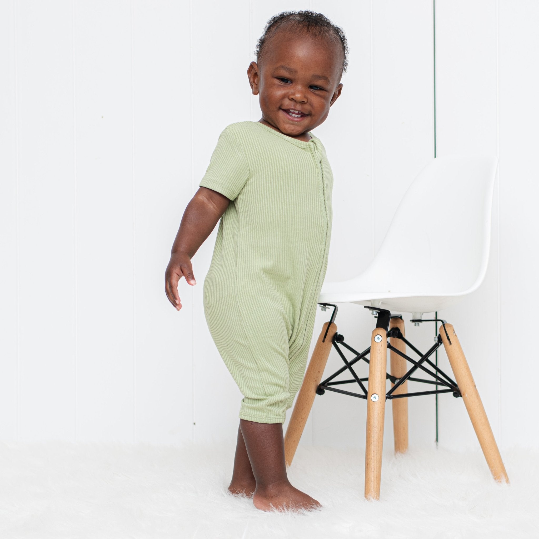 SHORTIE ZIP ROMPER - Pistachio Ribbed - Tenth &amp; Pine - shortie zip rompers - rib - 0/3m