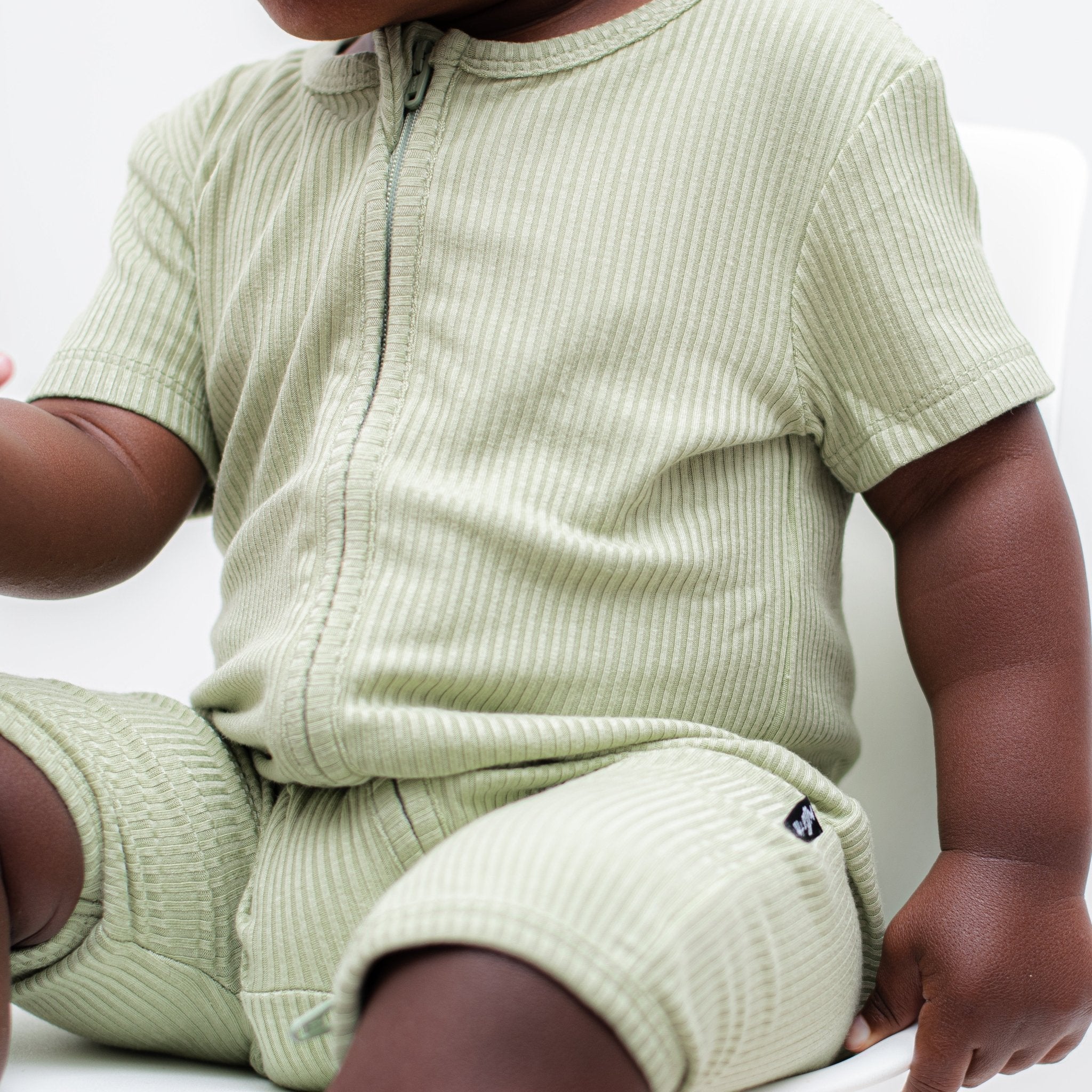 SHORTIE ZIP ROMPER - Pistachio Ribbed - Tenth &amp; Pine - shortie zip rompers - rib - 0/3m