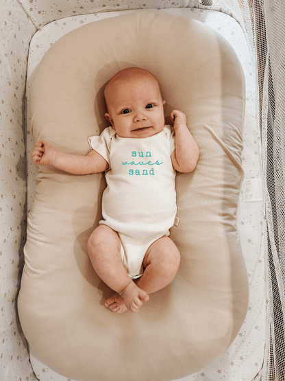 Sun Waves Sand Seafoam Organic Cotton Short Sleeve Baby Bodysuit - Tenth &amp; Pine - Short Sleeve Onesie - 0 - 3M - Tenth &amp; Pine